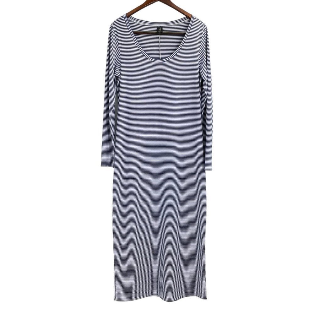 Peruvian Connection Blue White Long Sleeve Scoop Neck Maxi Dress Womens Medium